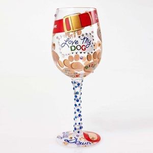 NIB "LOVE MY DOG" HAND PAINTED WINE GLASS, 15 OZ.